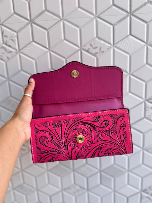 Carving Hand Tooled Leather Clutch Phone Case Stylish Real Leather Women's Clutch