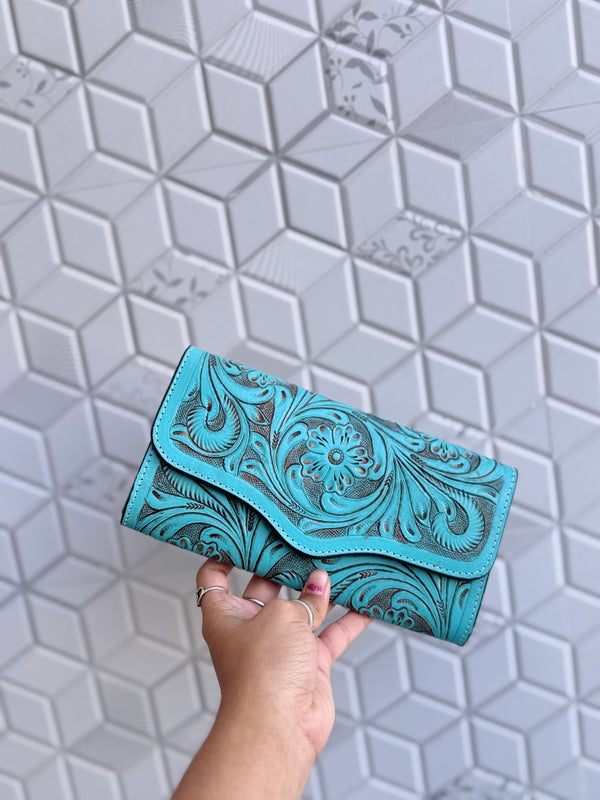 Carving Hand Tooled Leather Clutch Phone Case Stylish Real Leather Women's Clutch