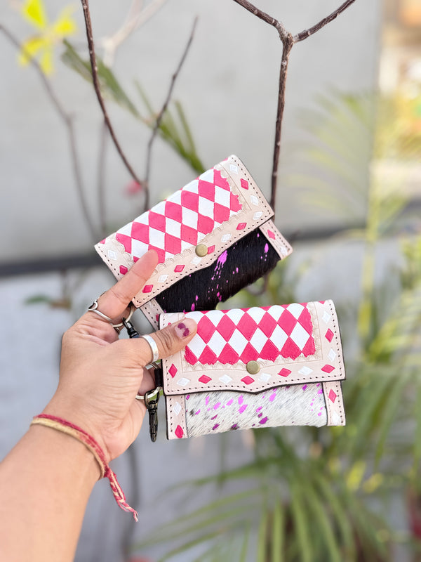 Hair on Hide Metallic Leather New Hand Tooled Checks Design Small Coin Purse Mini Wallet for Women