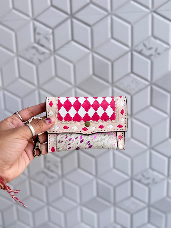 Hair on Hide Metallic Leather New Hand Tooled Checks Design Small Coin Purse Mini Wallet for Women