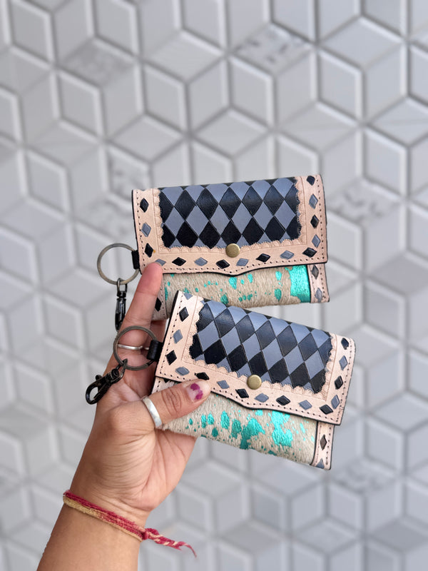 Hair on Hide Metallic Leather New Hand Tooled Checks Design Small Coin Purse Mini Wallet for Women