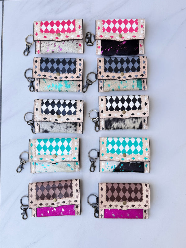 Hair on Hide Metallic Leather New Hand Tooled Checks Design Small Coin Purse Mini Wallet for Women