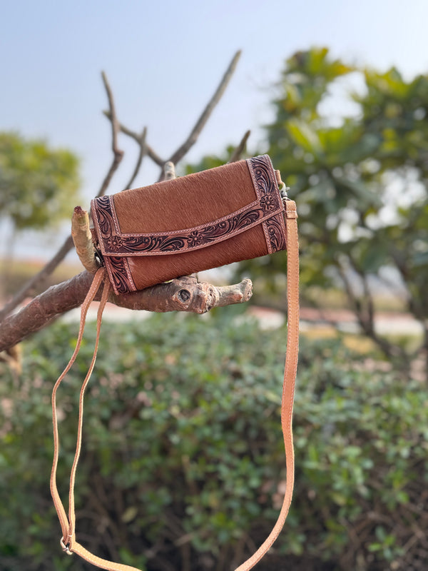 Hand Tooled Carving Clutch Cowhide Hair on Hide Fur Wallet Stylish Clutch Waterproof Multi-Use