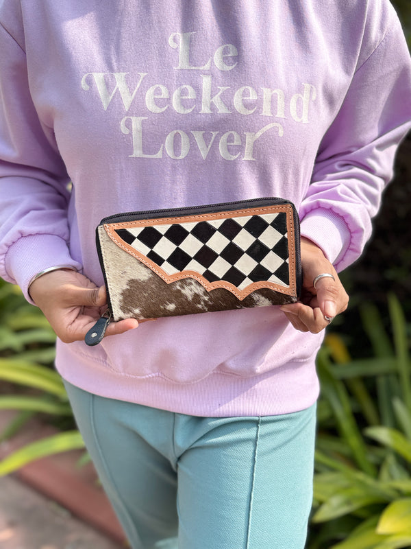 Hand Tooled Carving Leather Clutch Stylish Cowhide Fur Leather Checker Pattern Wallets for Women