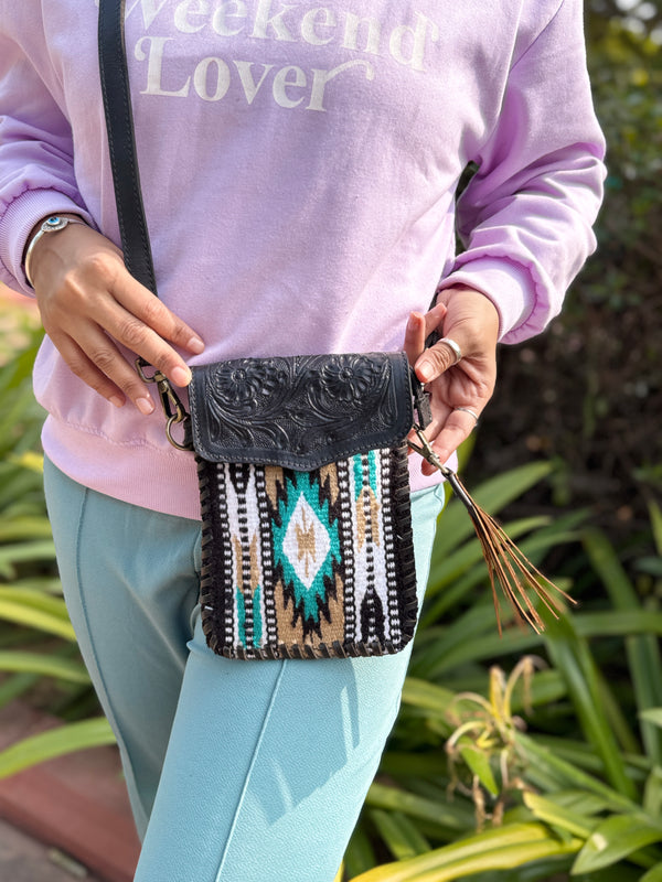 Real Leather Aztec Saddle Blanket Phone Purse Hand Tooled Leather Women Sling Phone Purse