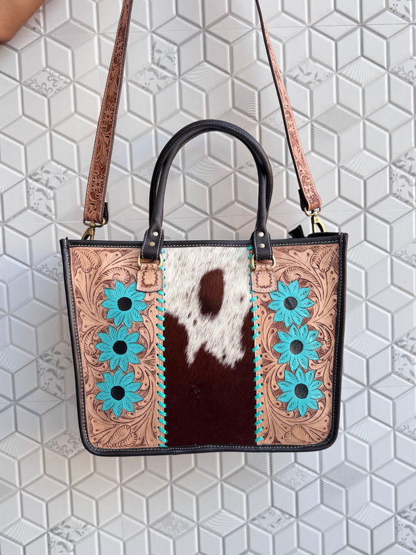Carving Hand Tooled Tote Bags Hair On Hide Shoulder Handbag for Women's