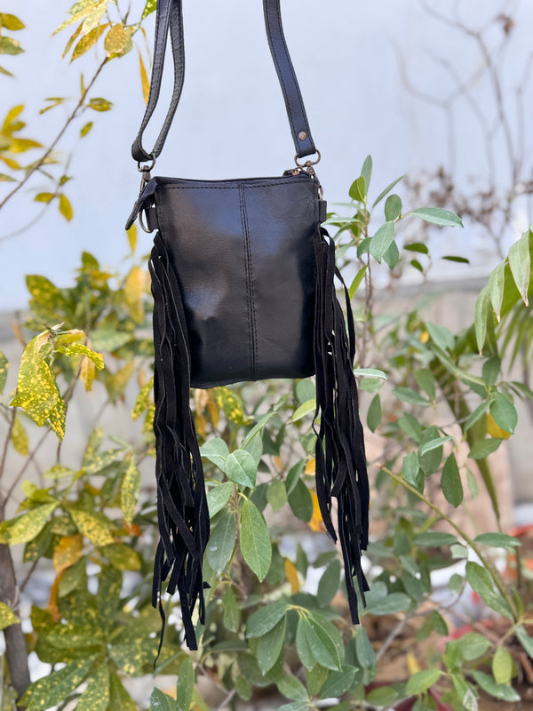 Phone Purse Handbag Real Cowhide Fur Fringe Hand Tooled Carving Sling Bag Small Size Bags