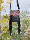Phone Purse Handbag Real Cowhide Fur Fringe Hand Tooled Carving Sling Bag Small Size Bags