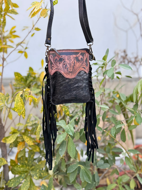 Phone Purse Handbag Real Cowhide Fur Fringe Hand Tooled Carving Sling Bag Small Size Bags