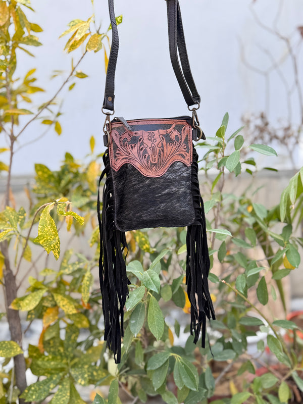 Phone Purse Handbag Real Cowhide Fur Fringe Hand Tooled Carving Sling Bag Small Size Bags