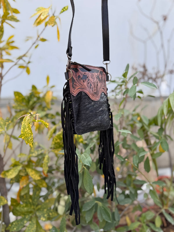 Phone Purse Handbag Real Cowhide Fur Fringe Hand Tooled Carving Sling Bag Small Size Bags