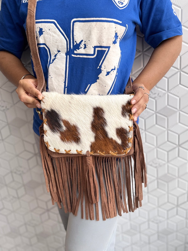 Suede Leather Fringe Handbag Western Hair On Hide Cross Body Women Sling Purse