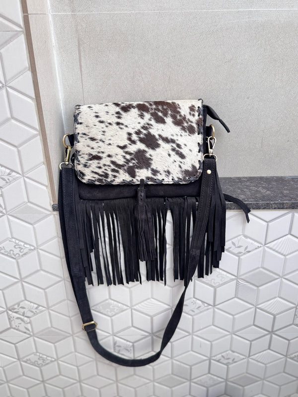 Suede Leather Fringe Handbag Western Hair On Hide Cross Body Women Sling Purse