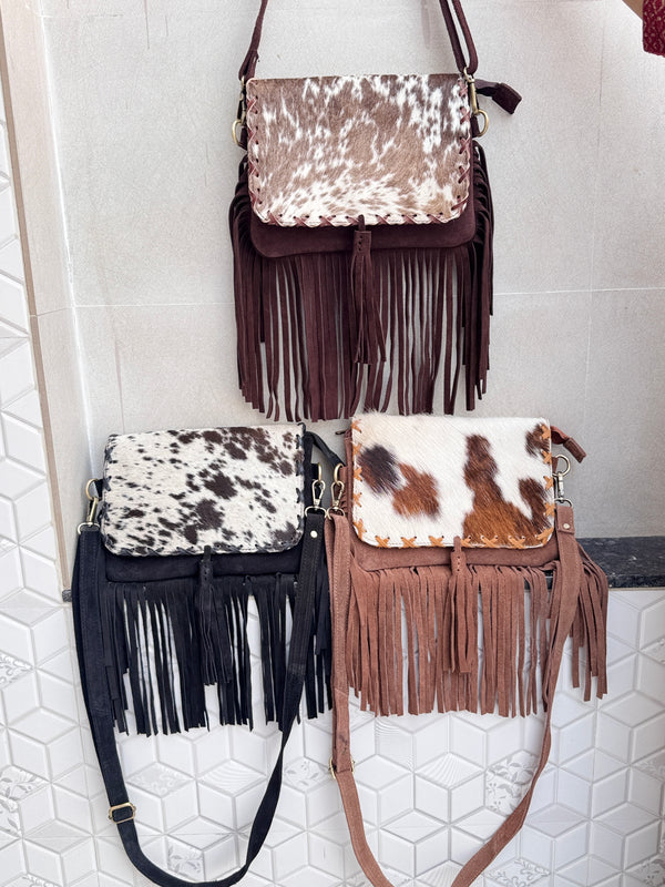 Suede Leather Fringe Handbag Western Hair On Hide Cross Body Women Sling Purse