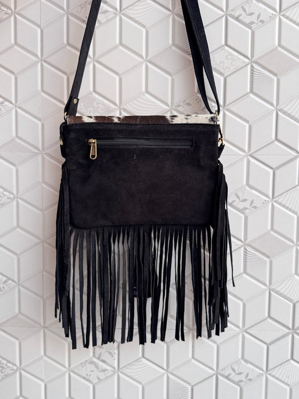 Suede Leather Fringe Handbag Western Hair On Hide Cross Body Women Sling Purse