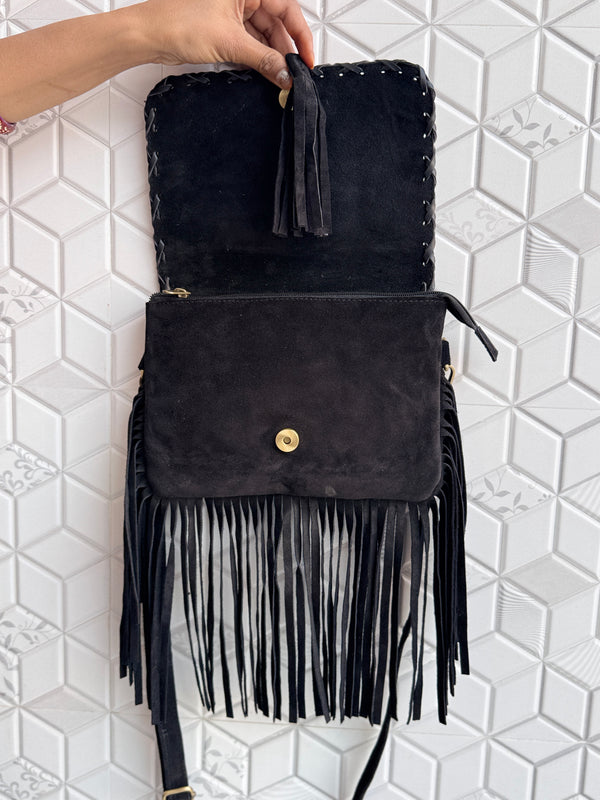 Suede Leather Fringe Handbag Western Hair On Hide Cross Body Women Sling Purse