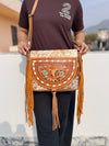 Hand Tooled Carving Leather Handbag Hair On Hide Fur Leather Handmade Purse for Women's