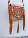 Hand Tooled Carving Leather Handbag Hair On Hide Fur Leather Handmade Purse for Women's