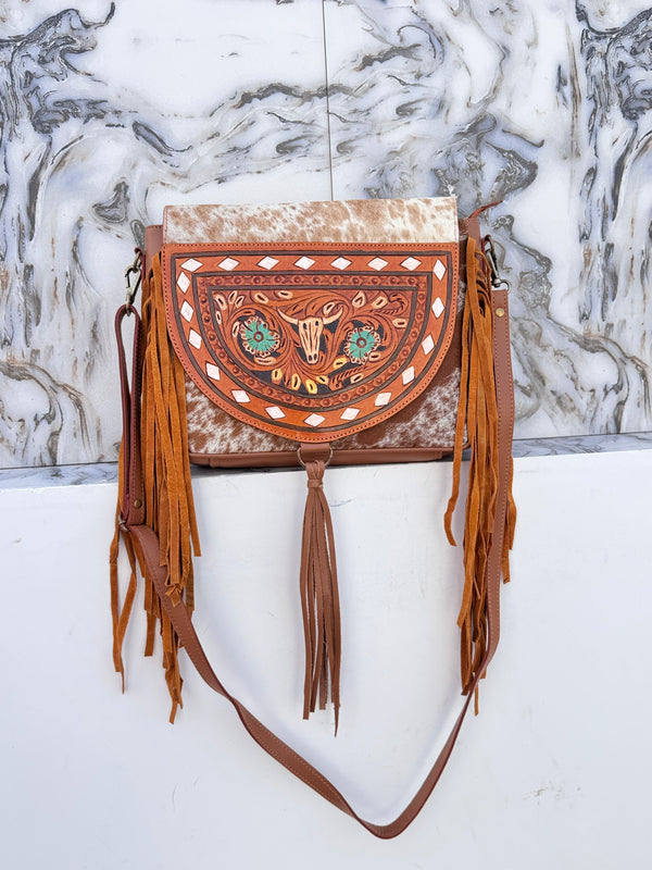 Hand Tooled Carving Leather Handbag Hair On Hide Fur Leather Handmade Purse for Women's