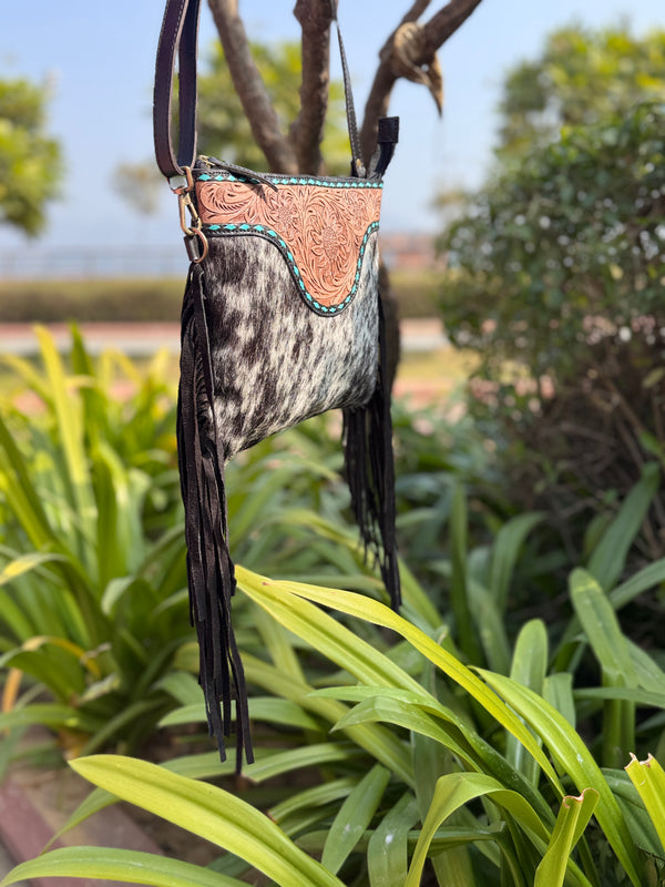 Western Patterned Cowhide Fur Leather Designer Hand Tooled Carving Fringe Handbag
