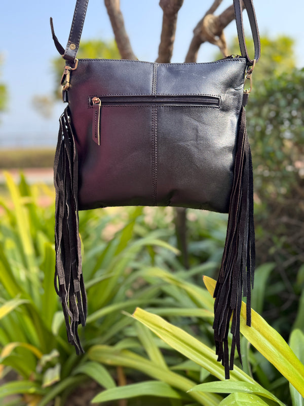 Western Patterned Cowhide Fur Leather Designer Hand Tooled Carving Fringe Handbag