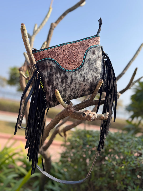 Western Patterned Cowhide Fur Leather Designer Hand Tooled Carving Fringe Handbag