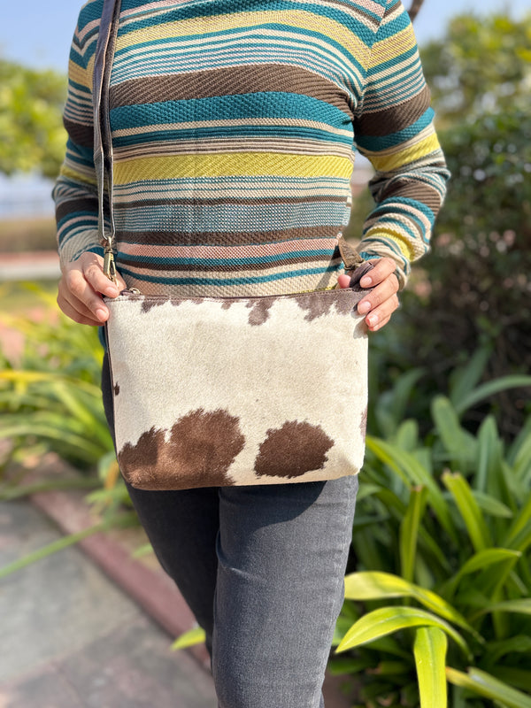 Cowhide Fur Leather Sling Bag Stylish Handbag Hair On Hide Fur Shoulder Bag