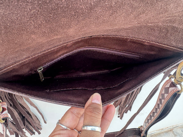 Hand Tooled Leather Fringe Bag Gypsy Boho Handmade Western Stylish Checker Pattern Bags