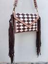 Hand Tooled Leather Fringe Bag Gypsy Boho Handmade Western Stylish Checker Pattern Bags