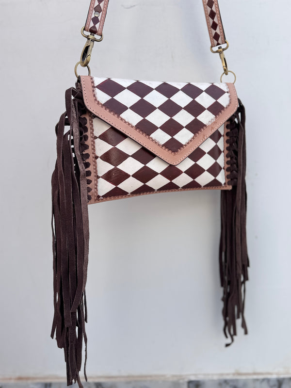 Hand Tooled Leather Fringe Bag Gypsy Boho Handmade Western Stylish Checker Pattern Bags
