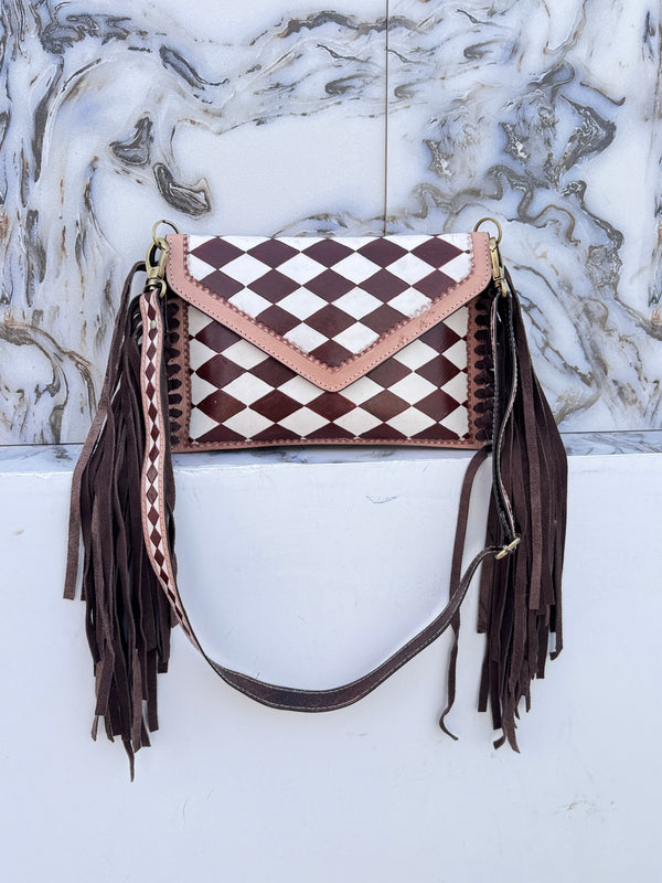 Hand Tooled Leather Fringe Bag Gypsy Boho Handmade Western Stylish Checker Pattern Bags