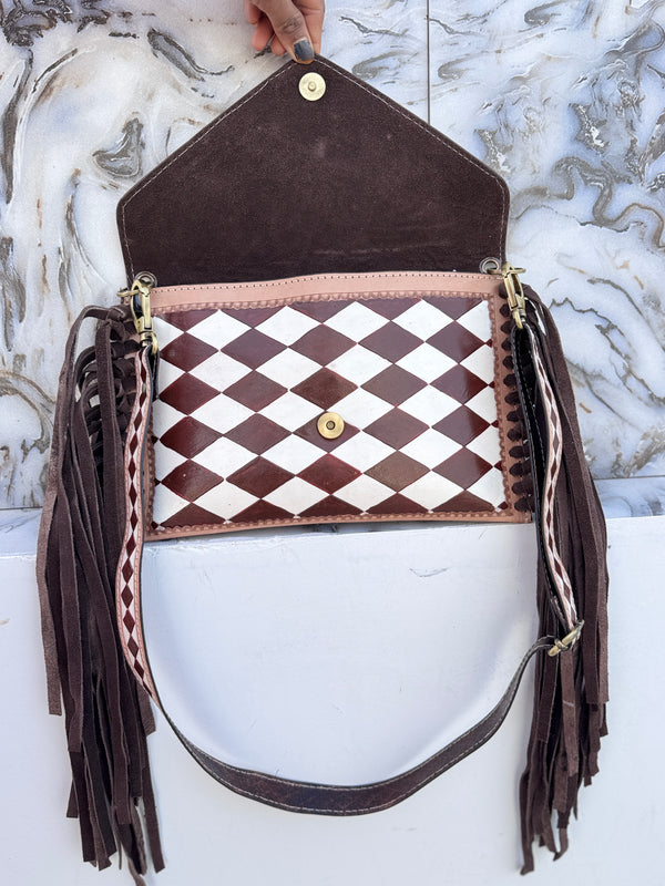Hand Tooled Leather Fringe Bag Gypsy Boho Handmade Western Stylish Checker Pattern Bags