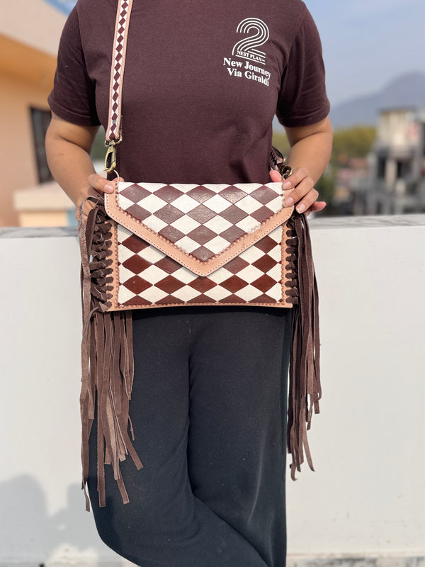 Hand Tooled Leather Fringe Bag Gypsy Boho Handmade Western Stylish Checker Pattern Bags
