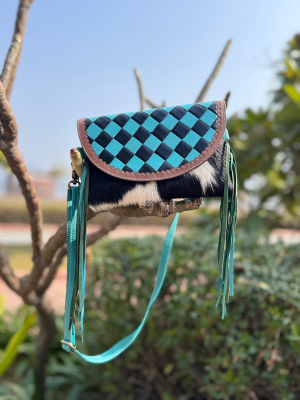 Hand Tooled Leather Fringe Bag Gypsy Cowhide Fur Checker Print Turquoise Colour Hand Bag