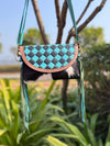 Hand Tooled Leather Fringe Bag Gypsy Cowhide Fur Checker Print Turquoise Colour Hand Bag