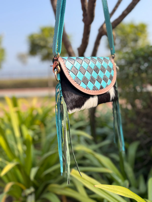Hand Tooled Leather Fringe Bag Gypsy Cowhide Fur Checker Print Turquoise Colour Hand Bag