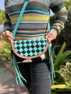 Hand Tooled Leather Fringe Bag Gypsy Cowhide Fur Checker Print Turquoise Colour Hand Bag