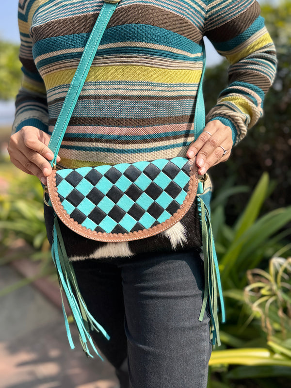 Hand Tooled Leather Fringe Bag Gypsy Cowhide Fur Checker Print Turquoise Colour Hand Bag