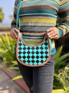 Hand Tooled Carving Leather Sling Bag Gypsy Shoulder Turquoise Colour Checker Design Bags