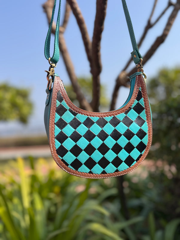 Hand Tooled Carving Leather Sling Bag Gypsy Shoulder Turquoise Colour Checker Design Bags
