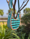 Hand Tooled Carving Leather Sling Bag Gypsy Shoulder Turquoise Colour Checker Design Bags