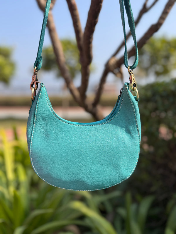 Hand Tooled Carving Leather Sling Bag Gypsy Shoulder Turquoise Colour Checker Design Bags