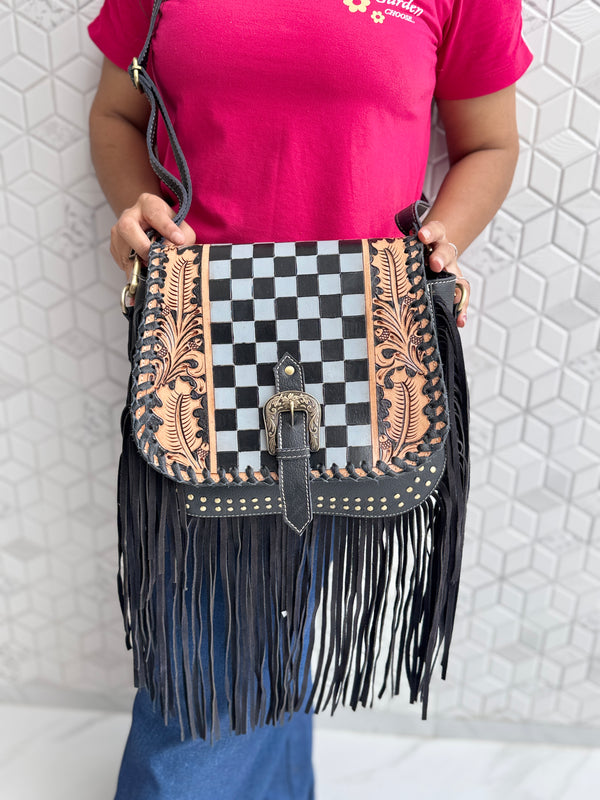 High Quality Fringe Handbag Hand Tooled Carving Leather Bag Gypsy Boho Checkers Handmade Real Leather Western Bag