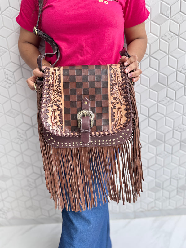 High Quality Fringe Handbag Hand Tooled Carving Leather Bag Gypsy Boho Checkers Handmade Real Leather Western Bag