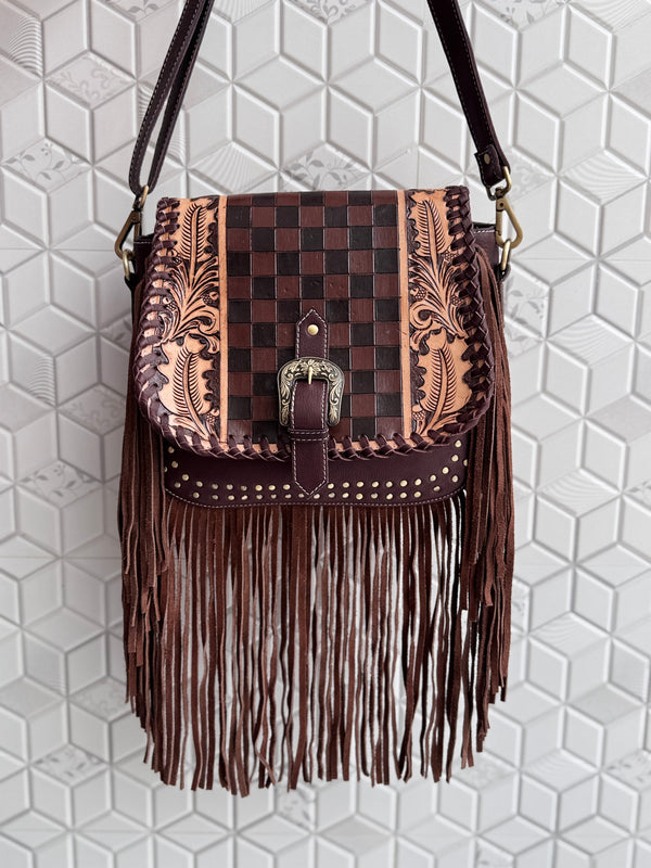 High Quality Fringe Handbag Hand Tooled Carving Leather Bag Gypsy Boho Checkers Handmade Real Leather Western Bag