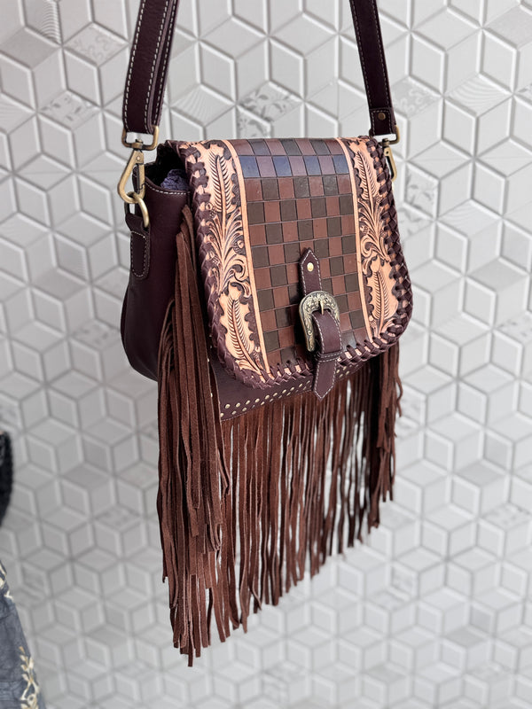 High Quality Fringe Handbag Hand Tooled Carving Leather Bag Gypsy Boho Checkers Handmade Real Leather Western Bag