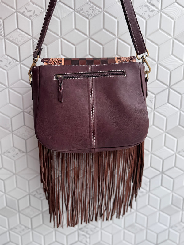 High Quality Fringe Handbag Hand Tooled Carving Leather Bag Gypsy Boho Checkers Handmade Real Leather Western Bag