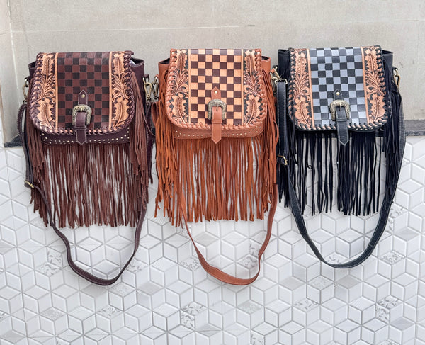 High Quality Fringe Handbag Hand Tooled Carving Leather Bag Gypsy Boho Checkers Handmade Real Leather Western Bag