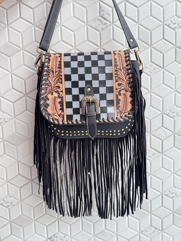 High Quality Fringe Handbag Hand Tooled Carving Leather Bag Gypsy Boho Checkers Handmade Real Leather Western Bag