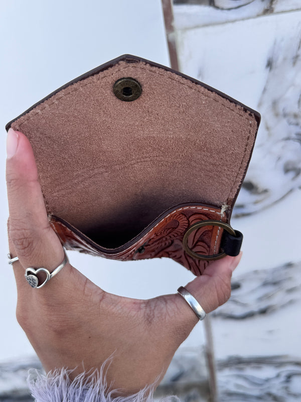 Genuine Leather Coin Purse Pouches Hand Tooled Carving Unisex Clutch Small Size Wallet